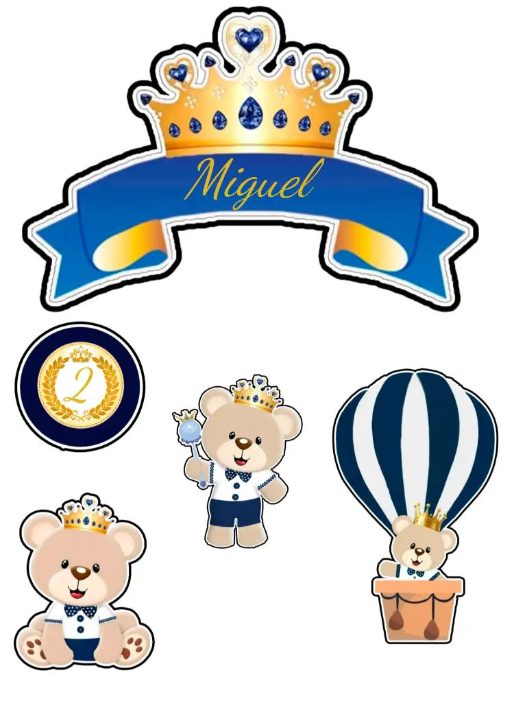 Convite Topo De Bolo Ursinho Príncipe Dourado – tema Topo de bolo dourado, azul, infantil, princesa, ursinho, festa temática