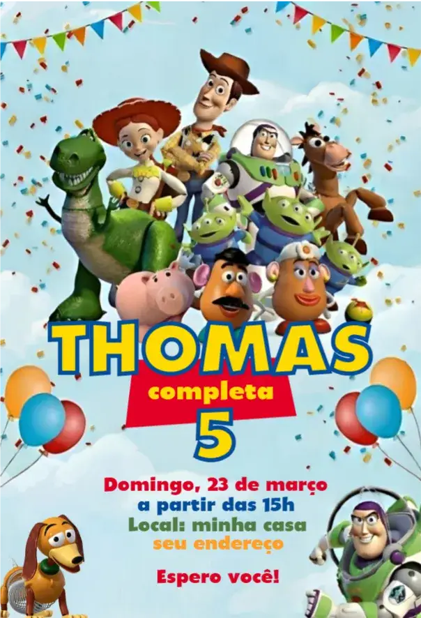 Convite Toy Story 1 – tema Aniversário colorido, divertido, temático, animado, infantil