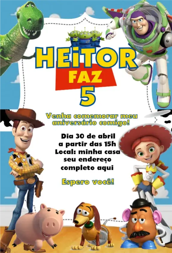 Convite Toy Story 1 – tema Aniversário colorido, infantil, temática, divertido, lúdico