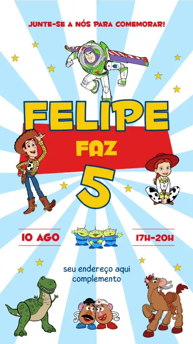 Convite Toy Story – tema Aniversário Infantil colorido, lúdico, divertido, infantil, temático