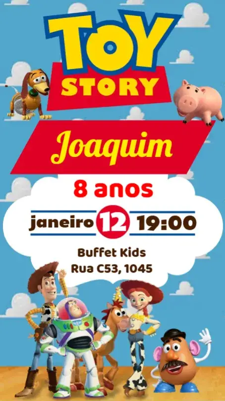 Convite Toy Story – tema Aniversário Infantil colorido, temático, aventura, divertido, infantil