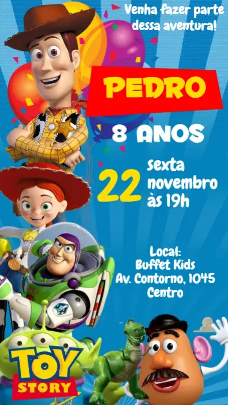 Convite Toy Story – tema Aniversário Infantil colorido, divertido, temático, infantil, vintage, animado