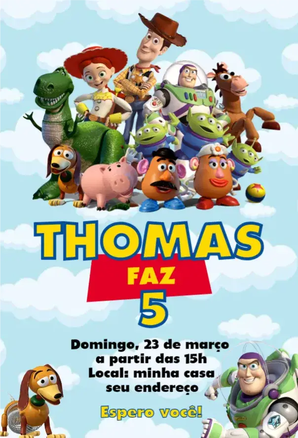 Convite Toy Story 2 – tema Aniversário colorido, divertido, infantil, lúdico, temático