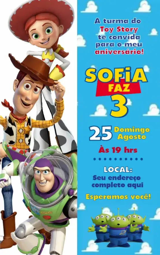 Convite Toy Story 3 – tema Aniversário colorido, divertido, vintage, ilustrações de brinquedos, moderno, temática de filmes