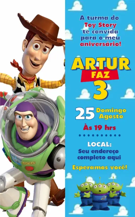 Convite Toy Story 4 – tema Aniversário colorido, divertido, infantil, temático, lúdico, aventureiro