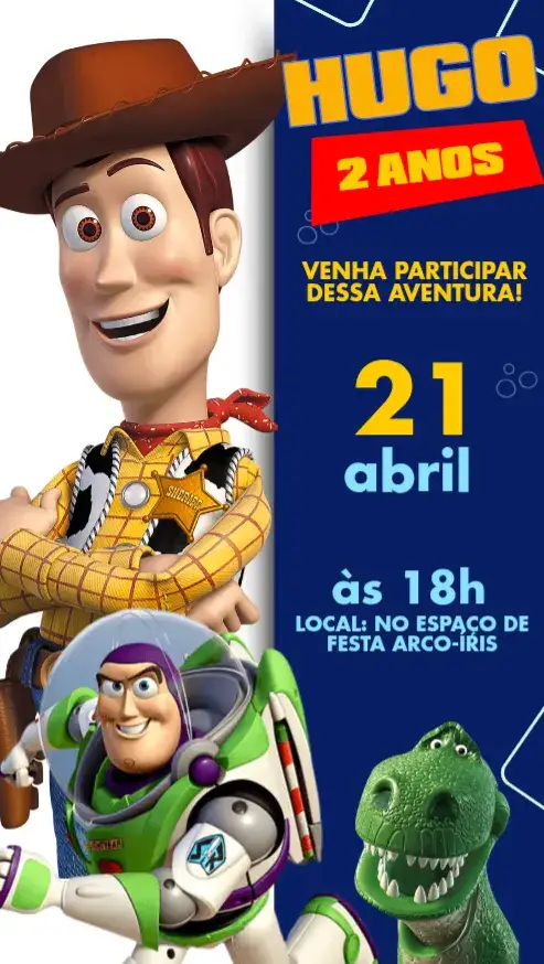 Convite Toy Story – tema Aniversário Infantil azul, divertido, brinquedos, animado, infantil, Pixar