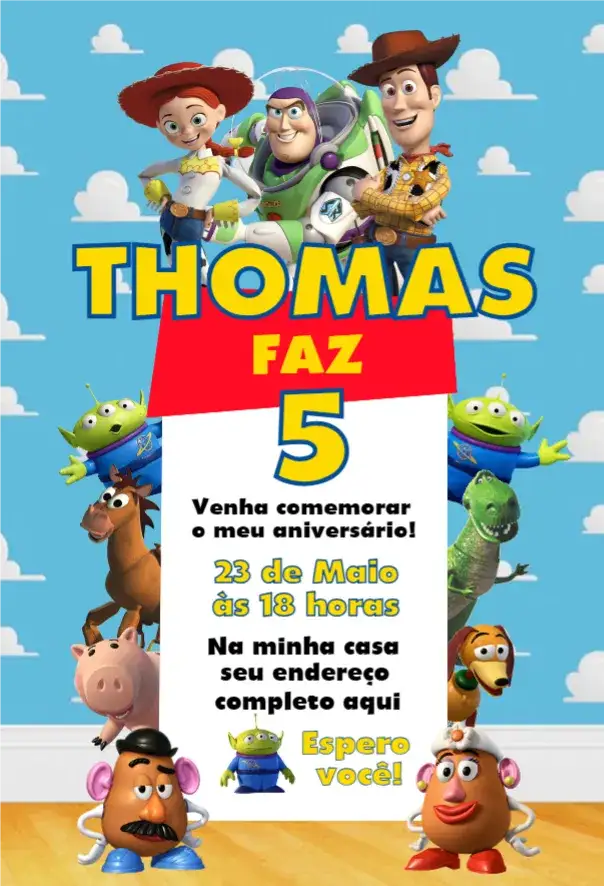 Convite Toy Story 5 – tema Aniversário colorido, divertido, aventura, temático, infantil, gráficos de personagens