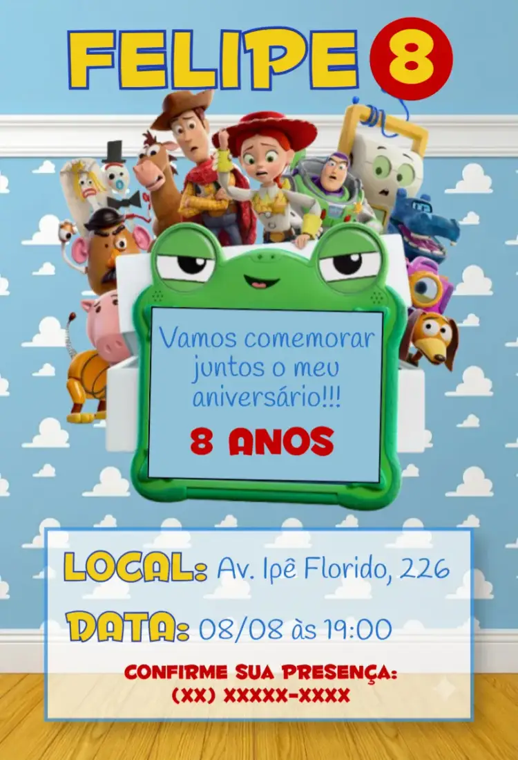 Convite Toy Story 5 – tema Aniversário Infantil colorido, divertido, temático, infantil, animado