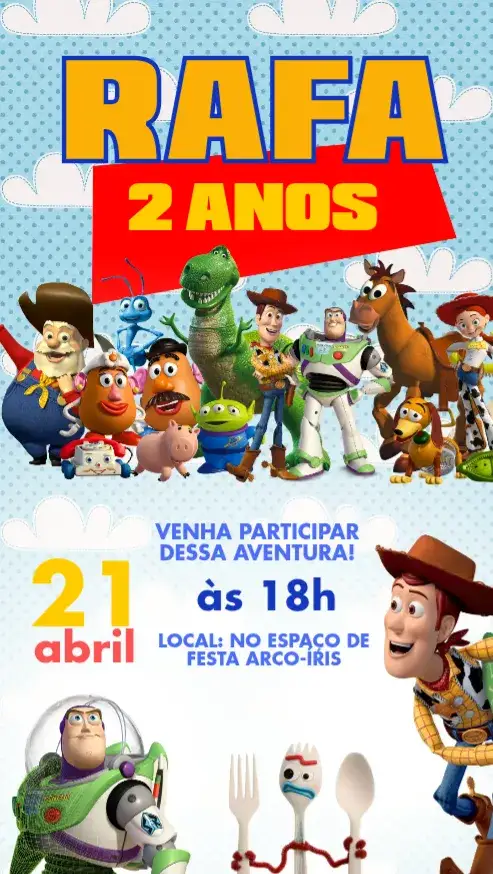 Convite Toy Story – tema Aniversário Infantil colorido, divertido, lúdico, temático, infantil, Pixar