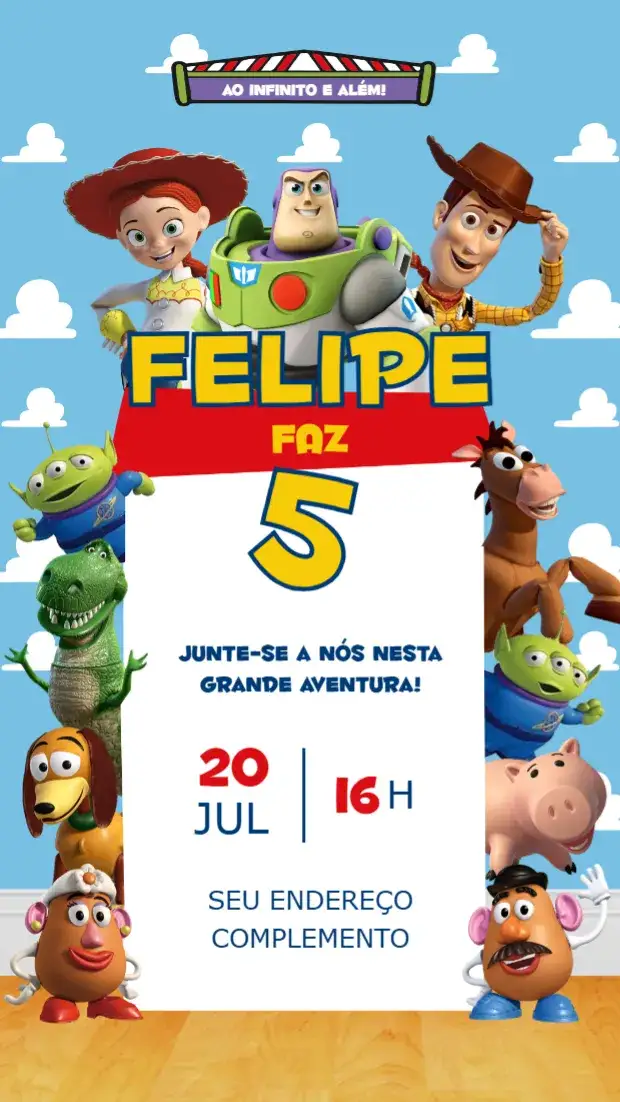 Convite Toy Story – tema Aniversário Infantil colorido, lúdico, temático, animado, divertido