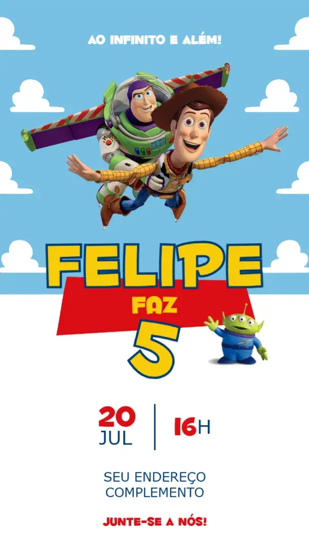 Convite Toy Story – tema Aniversário Infantil colorido, divertido, temático, infantil, ilustrações de personagens, estilo animado