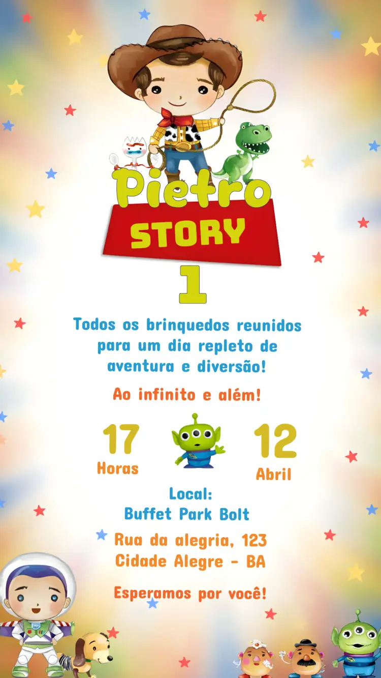 Convite Toy Story Filme – tema Mais pesquisados colorido, aquarela, temático, infantil, divertido, animado