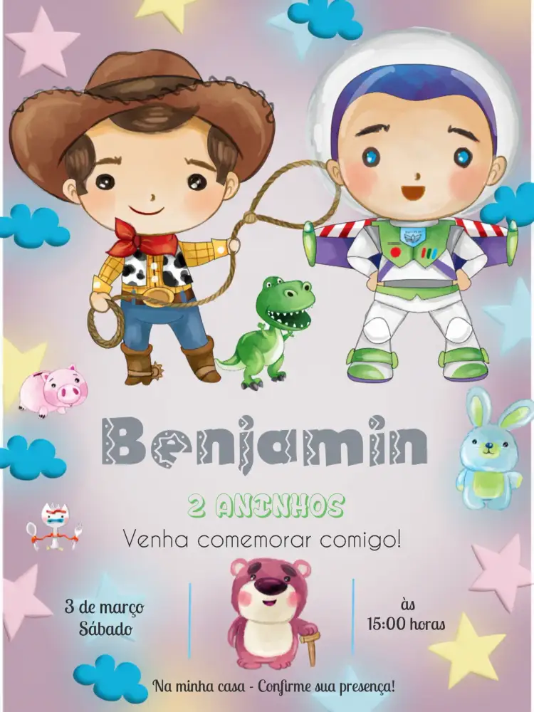 Convite Toy Story Invitation – tema Mais pesquisados colorido, divertido, infantil, temático, brincalhão
