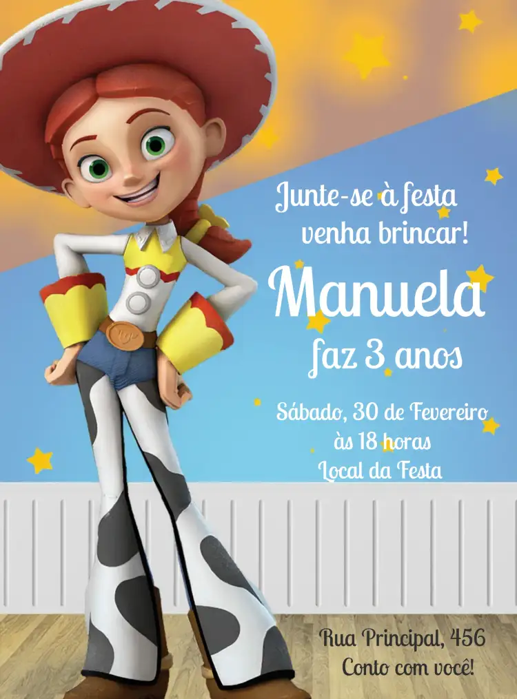 Convite Toy Story Jessie Infantil – tema Mais pesquisados colorido, divertido, temático, infantil, aquarela