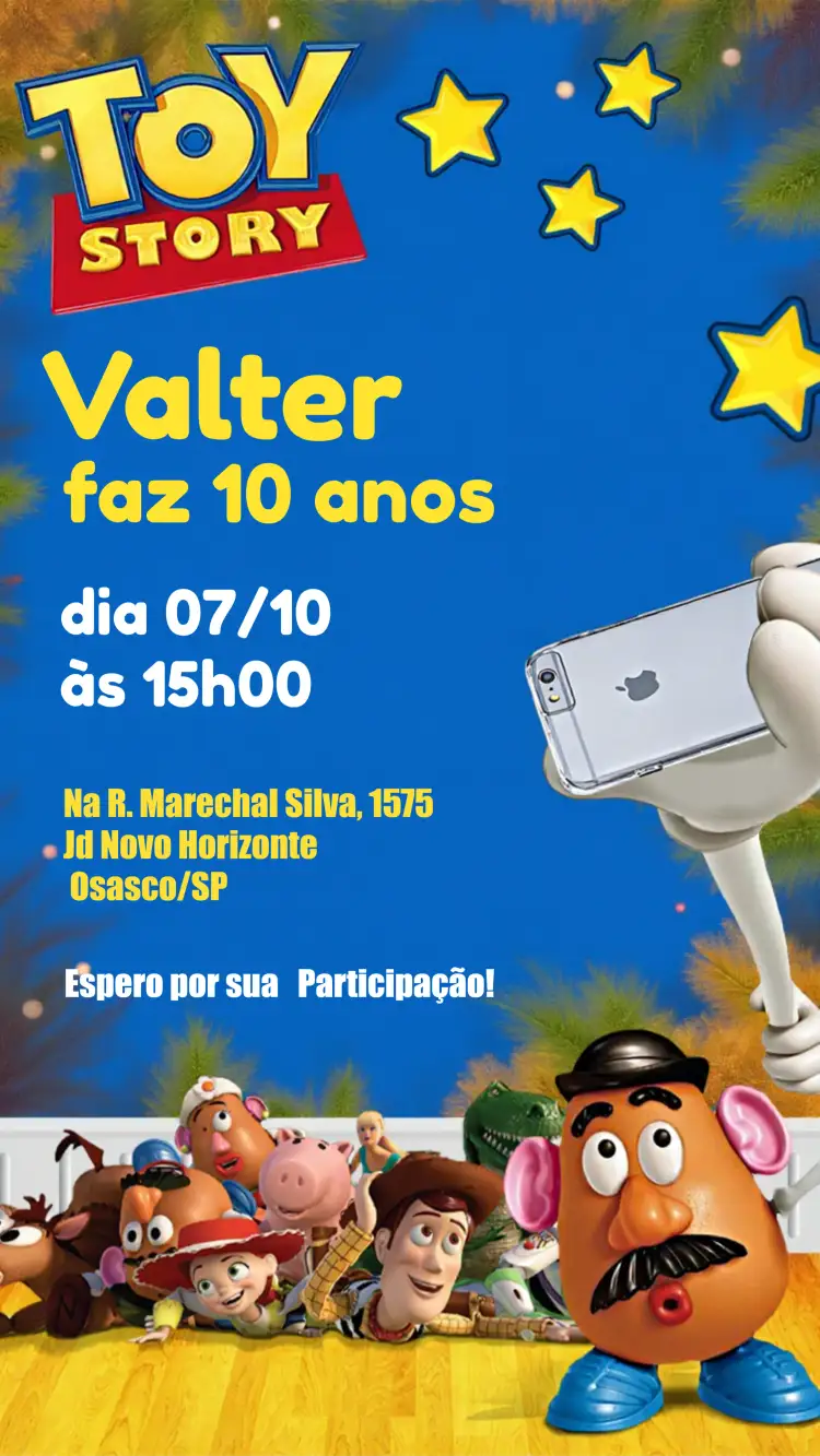 Convite Toy Story Preto – tema Batizado divertido, colorido, infantil, temático, lúdico