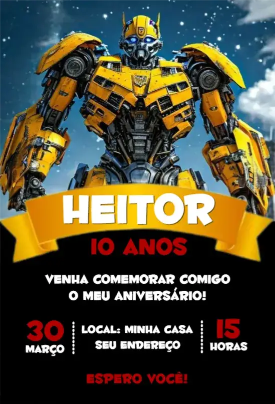 Convite Transformers 1 – tema Cartão colorido, moderno, temático, futurista, animado