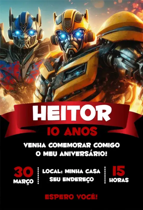 Convite Transformers 2 – tema Aniversário cores vibrantes, estilo moderno, elementos gráficos de ação, inspirado em filmes, tema de super-heróis