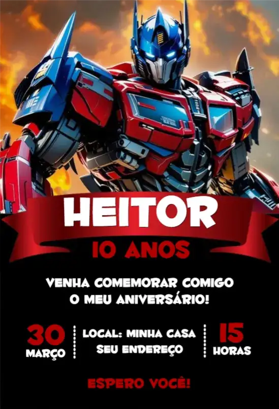 Convite Transformers 4 – tema Aniversário vibrante, moderno, temático, colorido, divertido, infantil