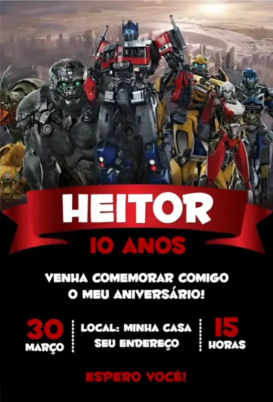 Convite Transformers – tema Aniversário cores vibrantes, estilo moderno, elementos gráficos de ação, inspirado em heróis, design animado, temática de aventura