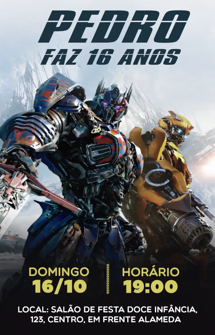 Convite Transformers Cinza – tema Mais pesquisados cinza, amarelo, azul, moderno, temático