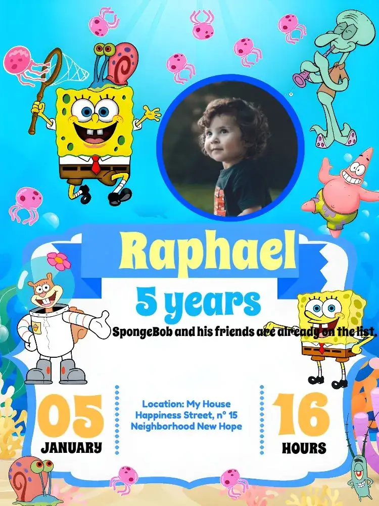 Invitation Bob Sponge With Black Photo – Most searched for theme fun, colorful, childish, themed, naval