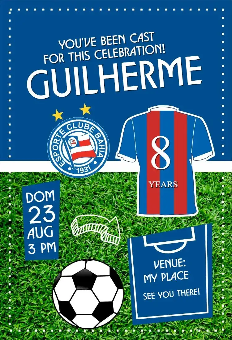 Invitation Bahia shirt – Birthday theme soccer, sports-themed, contemporary, dynamic, colorful