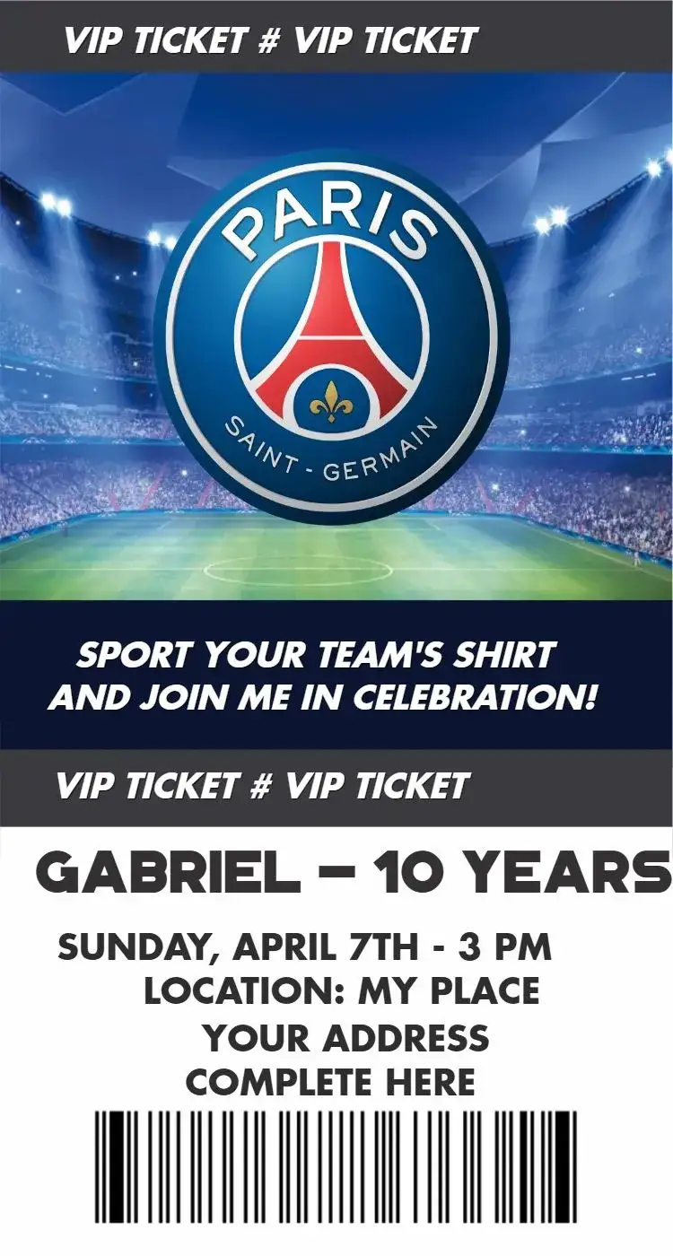 Invitation Paris Saint Germain ticket – Birthday theme modern, sporty, vibrant, soccer, elegant