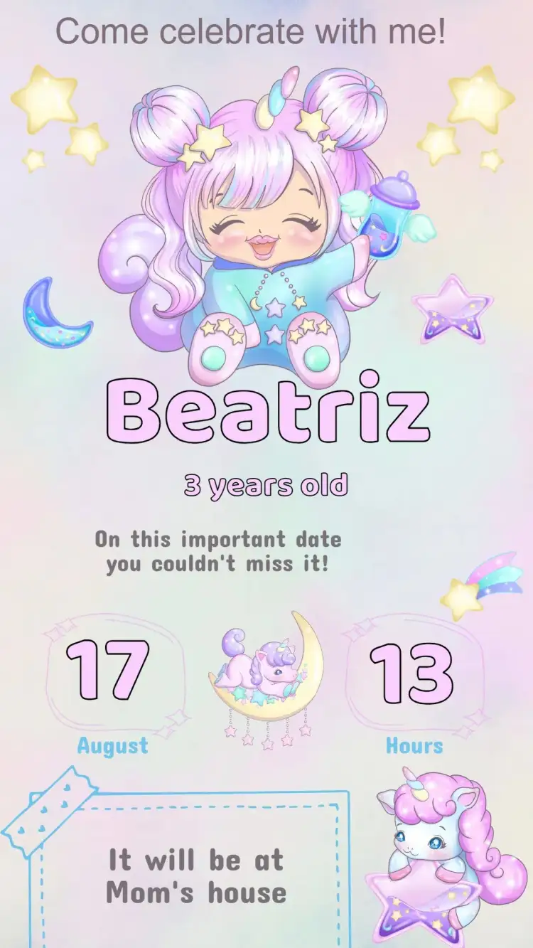 Invitation Unicorn Birthday Invitation – Kids' Birthday Party theme colorful, fantasy-themed, magical, childlike, playful, bright
