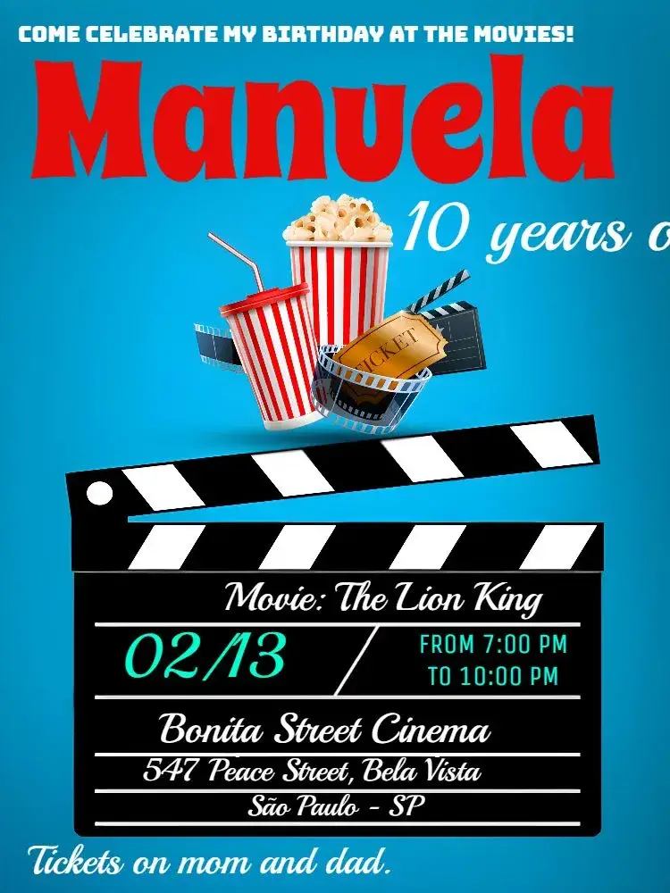 Invitation Blue Cinema – Birthday theme movie theater, blue, fun, youthful, festive, colorful
