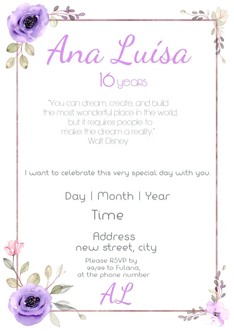 15th Purple Floral Anniversary invitation