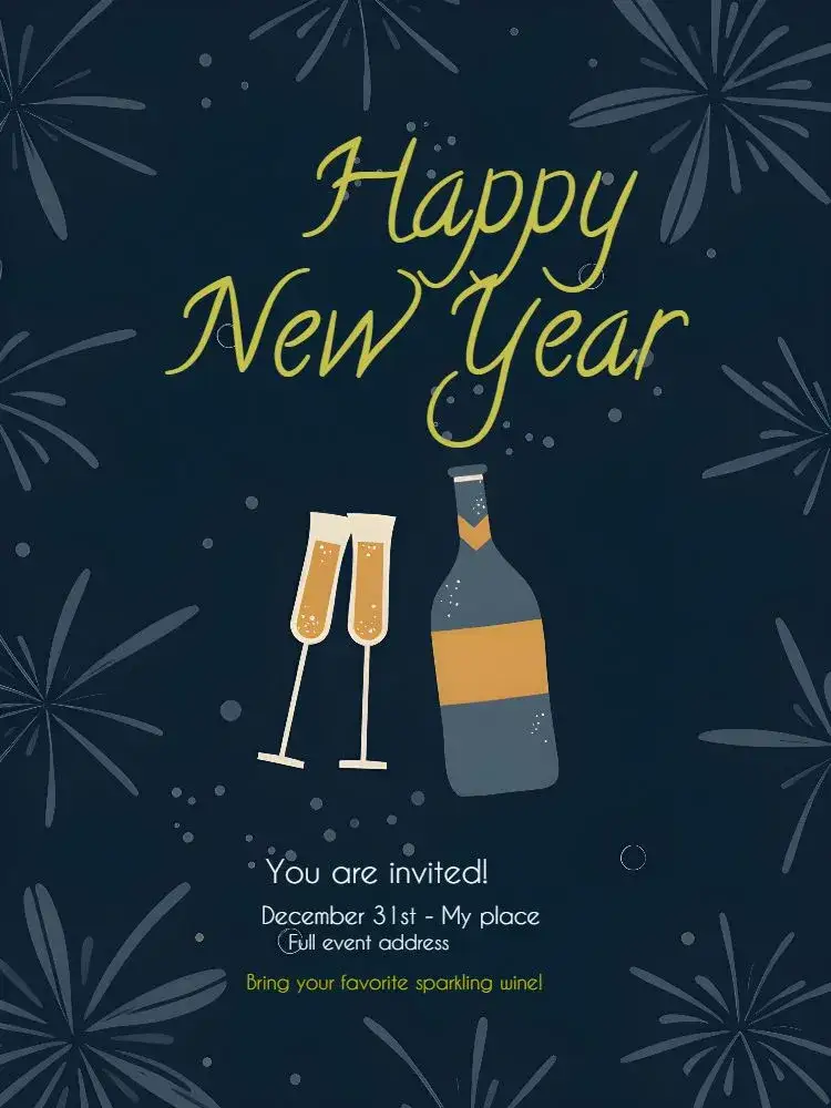 Invitation For New Year's Eve Fireworks Party – Commemorative Dates theme blue, golden, white, festive, modern, vibrant