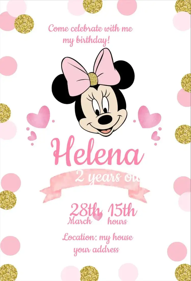 Invitation Pink and Gold Minnie Mouse – Kids' Birthday Party theme pink, golden, playful, childish, themed, fun