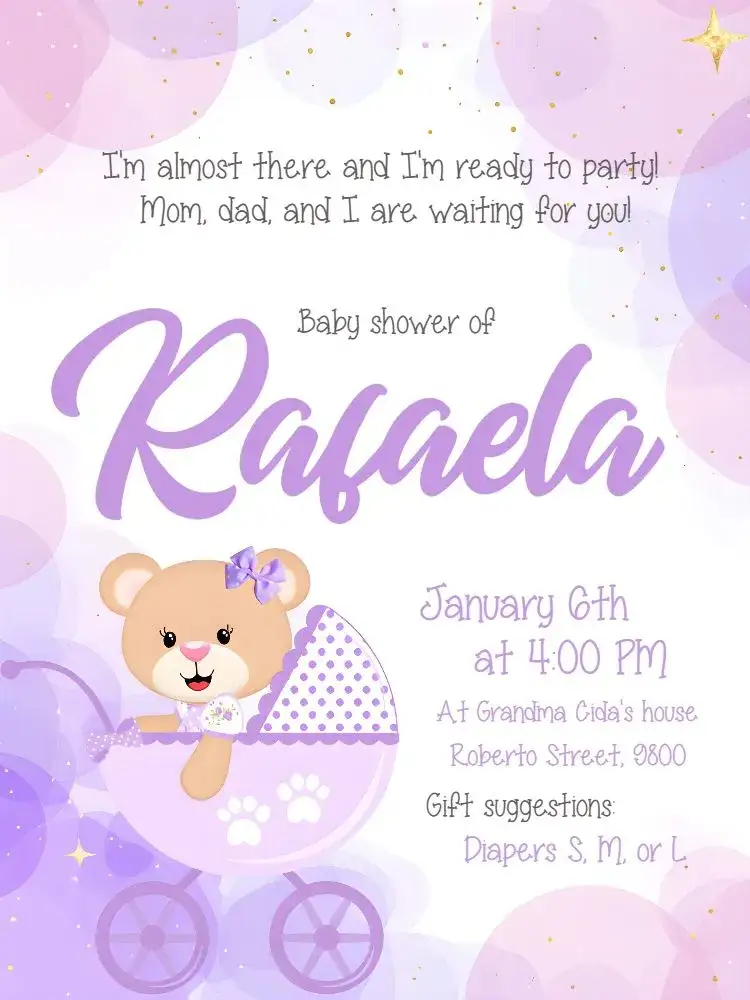 Invitation Lilac Teddy Bear Diaper Tea Party – Diaper Shower theme lilac, cute, delicate, modern, childish, minimalist
