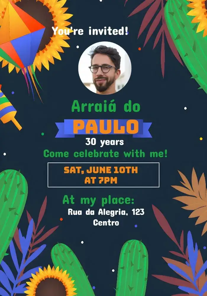 Invitation Arraial Festa Junina With Blue Photo – Commemorative Dates theme colorful, June-themed, festive, vintage, cheerful