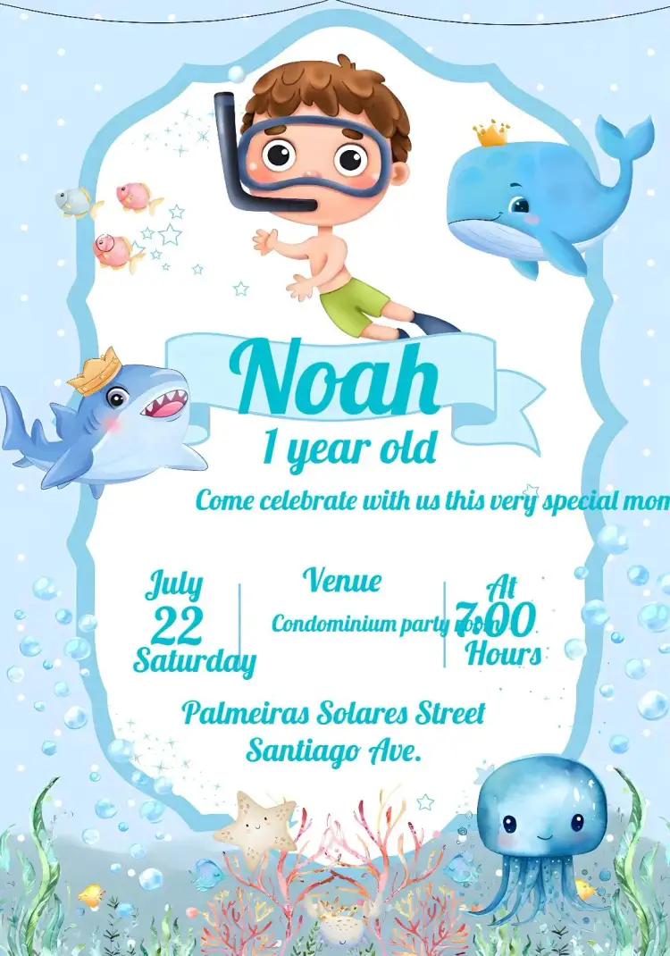 Invitation Underwater Watercolor Boy – Kids' Birthday Party theme navy blue, watercolor, fun, colorful, themed, childlike