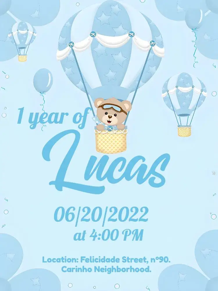 Invitation Balloon Bear Boy – Diaper Shower theme blue and white, cute and childish, clouds and balloons, teddy bears, playful style