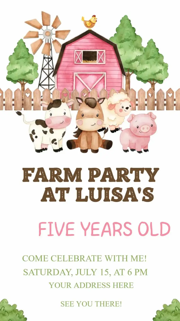 Invitation Farm Party – Kids' Birthday Party theme pink, animals, farm, colorful, fun, childlike