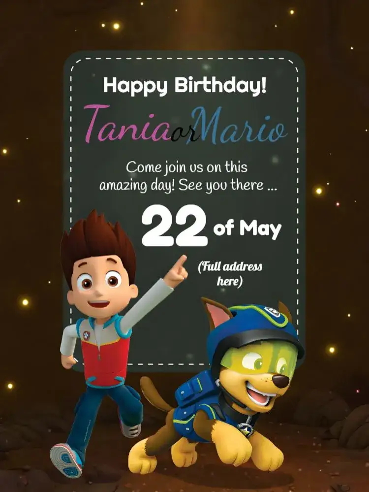 Invitation Paw Patrol Drawing – Kids' Birthday Party theme colorful, themed, fun, childish, lively