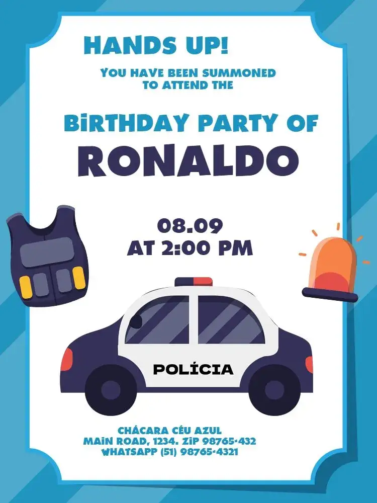 Invitation Kids Theme Light Blue Police – Kids' Birthday Party theme police-themed, light blue, playful, fun, themed, childlike