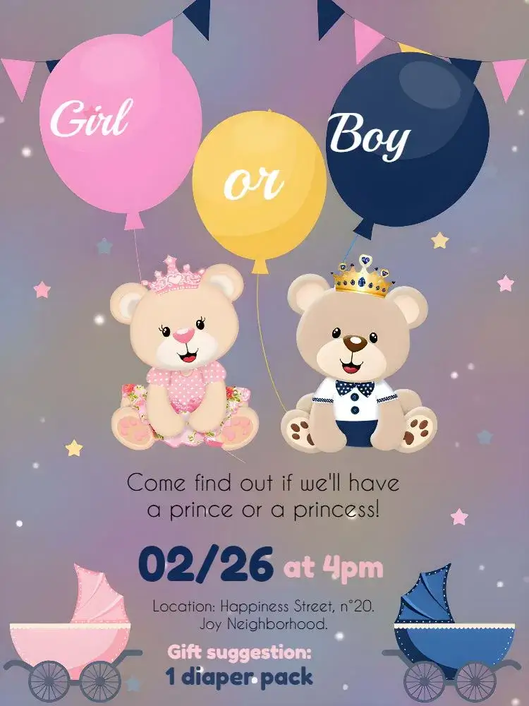 Invitation Revelation Tea Royal Teddy Bear Prince Princess – Gender Reveal theme blue and pink, cute teddy bears, royalty, playful and cheerful, delicate, modern
