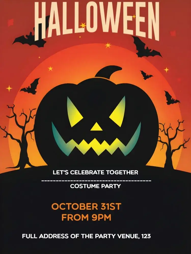 Invitation Halloween Party – Commemorative Dates theme black, orange, purple, bats, witches, pumpkins