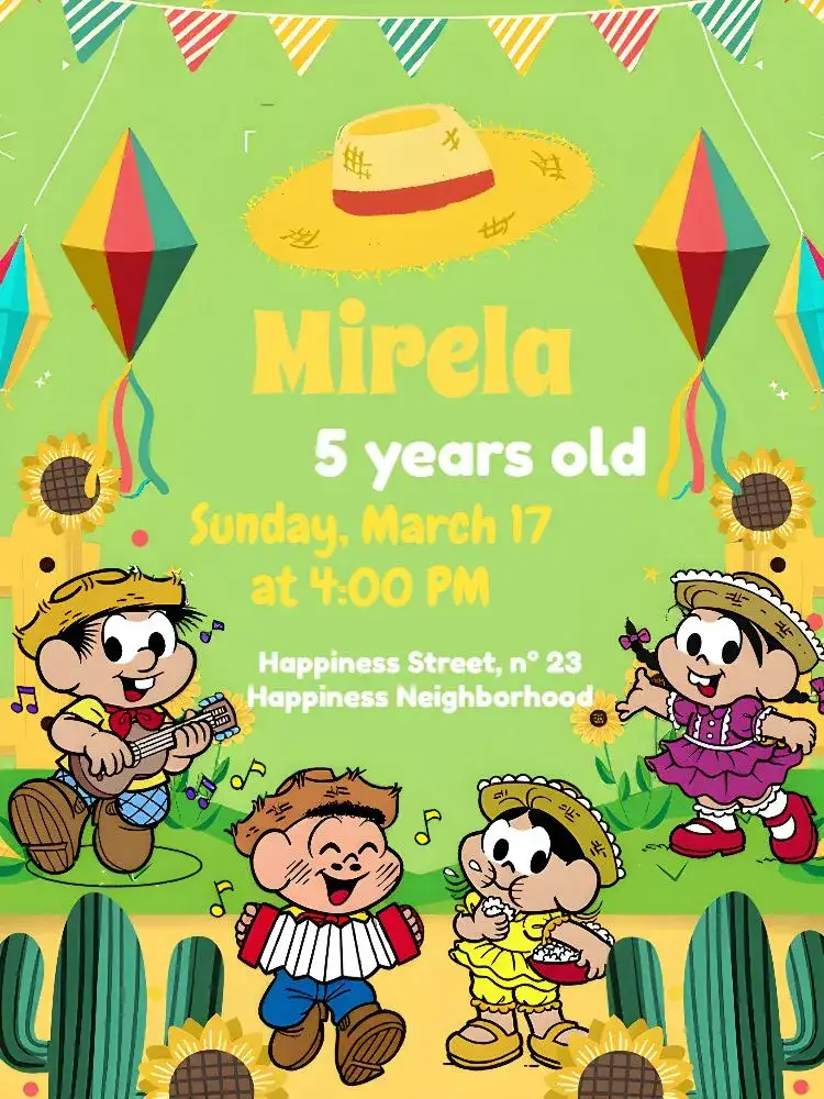 Invitation Turma Da Mônica São João Colorido – Commemorative Dates theme colorful, fun, childish, June-themed, illustrative