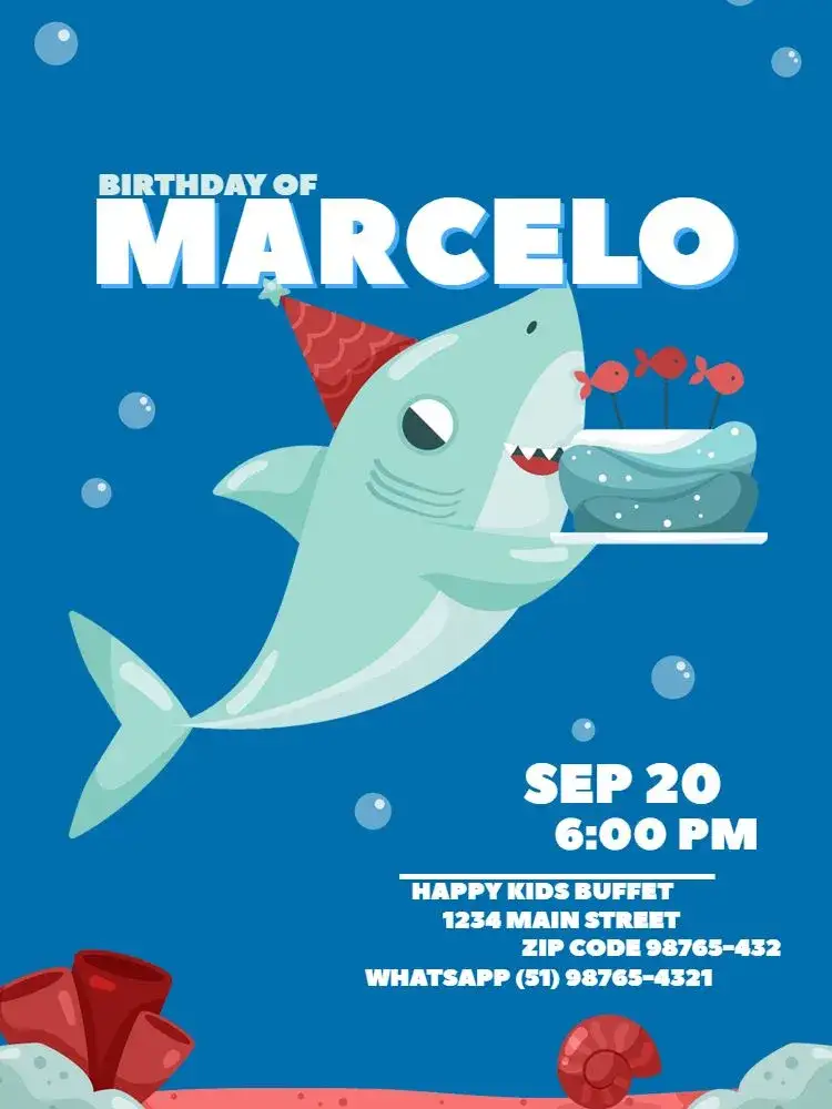 Invitation Digital Clear Boy Shark – Kids' Birthday Party theme under the sea, shark, light blue, air bubbles, aquatic theme, fun