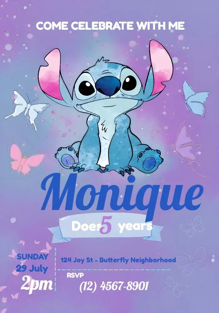 Stitch Purple Butterflies invitation
