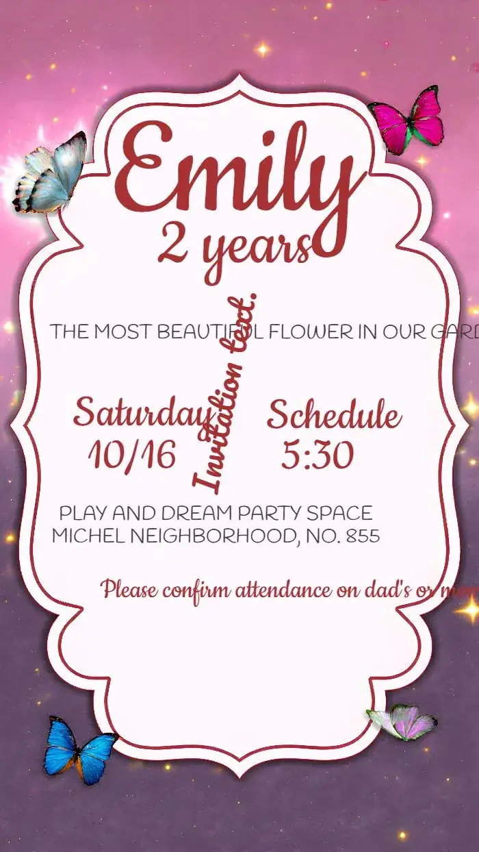Invitation Rose Butterfly Garden – Commemorative Dates theme floral, romantic, colorful, childish, delicate, dreamy