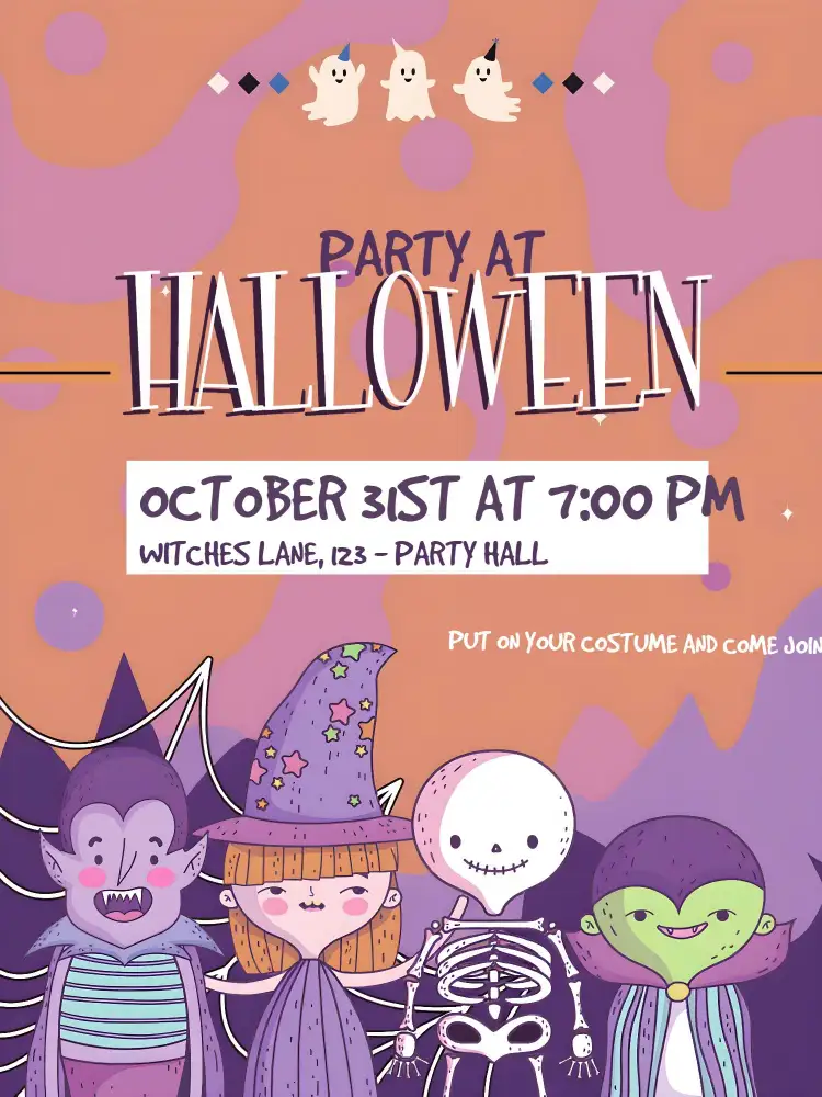 Invitation Witches Halloween Party – Commemorative Dates theme dark colors, Halloween graphic elements, fun style, vintage, witch illustrations, pumpkins and ghosts
