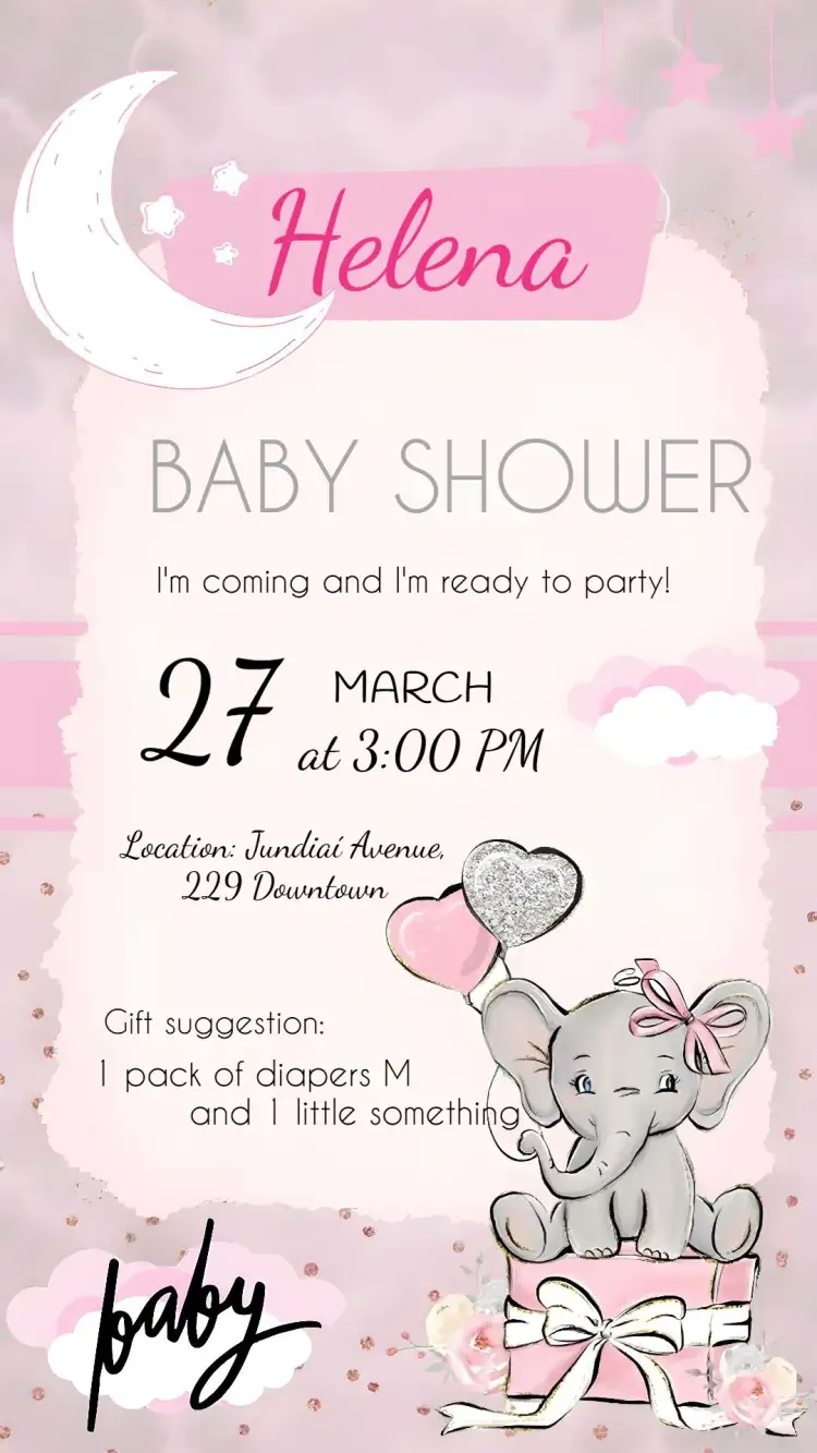 Invitation Elephant Baby Shower Delicate – Diaper Shower theme delicate, flowers, cute animals, pink, xinzá, minimalist