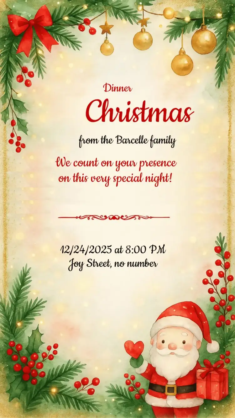 Invitation Christmas Party Invitation – Commemorative Dates theme red and green, gold and white, vintage style, minimalist, festive, with Christmas elements