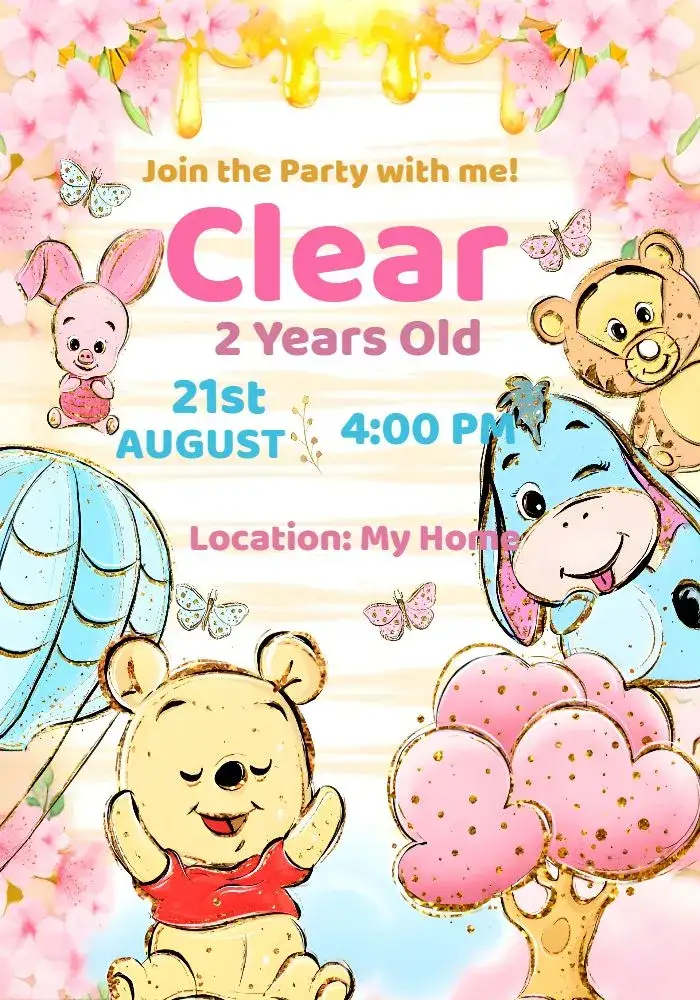 Invitation Winnie the Pooh Watercolor Pink Glitter Bear – Most searched for theme watercolor, delicate, pink, childlike, sparkle, colorful