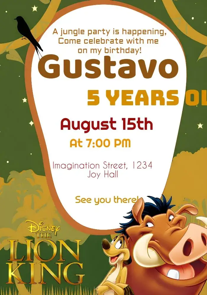 Invitation Timon Lion King – Kids' Birthday Party theme colorful, forest, animals, adventurous, childlike, themed